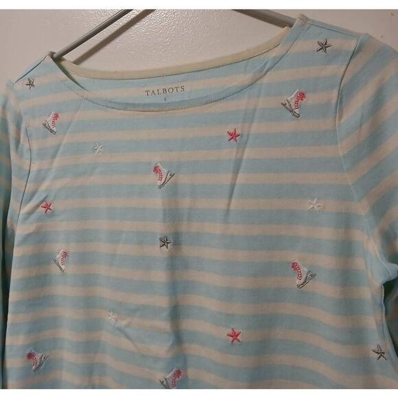 Talbots womens small boat neck blue stripe longsleeve shirt ice skating theme - Picture 3 of 5